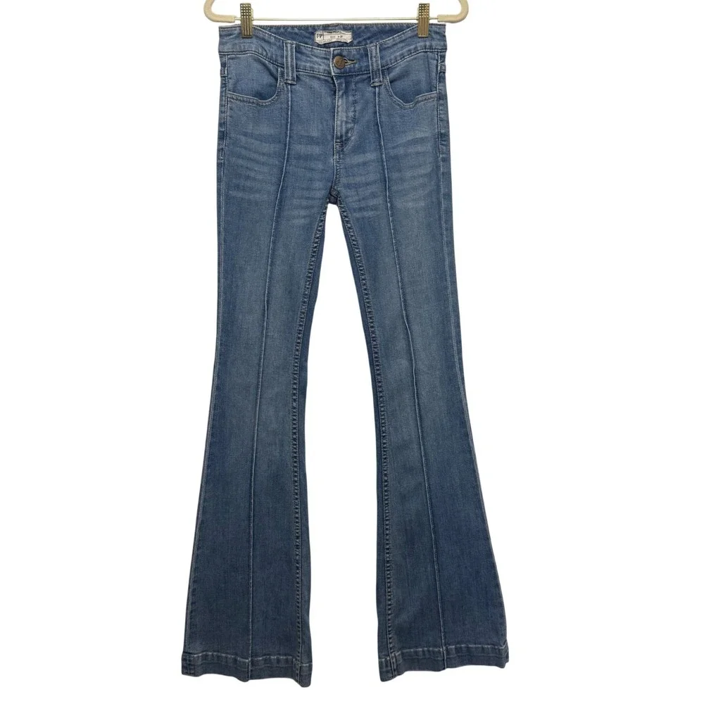 Free People Le Disco Flare Jeans Womens 26 Blue Bell Bottom Rainbow Pocket Retro